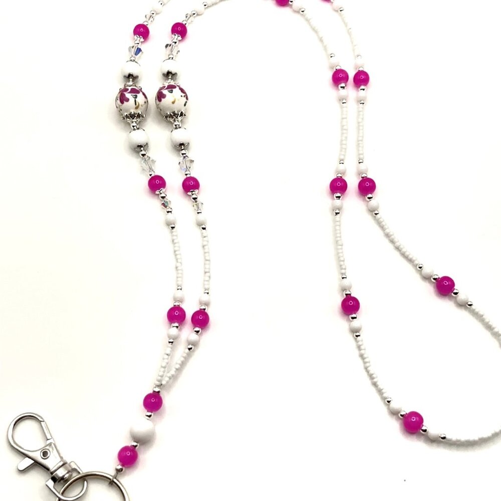 Dark Pink Flower, Beaded Lanyard for, Badge, ID Holder, Keychain - Picture 3 of 5